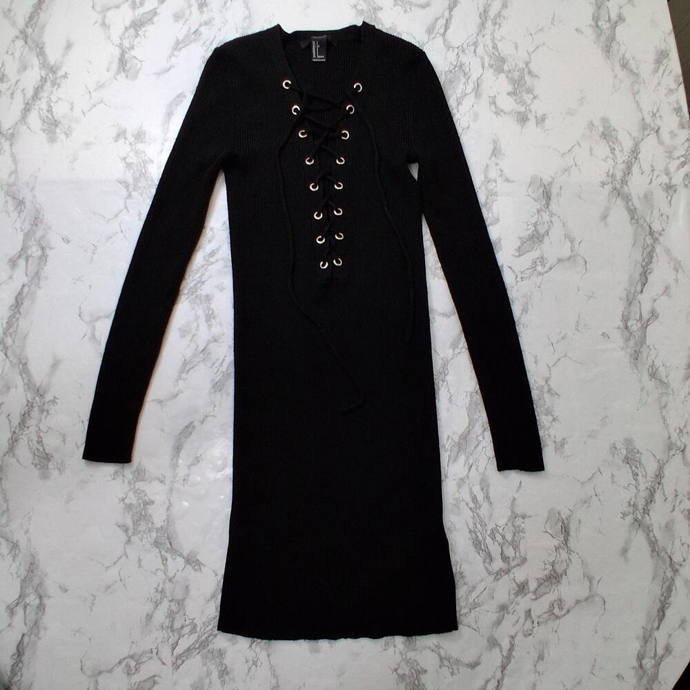 FOREVER 21 Womens S Black Lace-Up Ribbed Knit Bodycon Mini Sweater Dress Goth